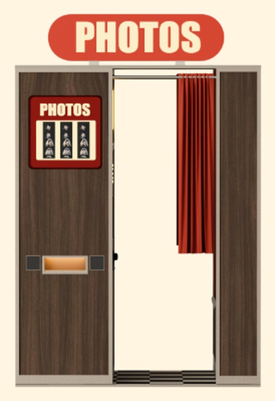 Square dark wood photo booth with a red curtain and a red Photos sign
