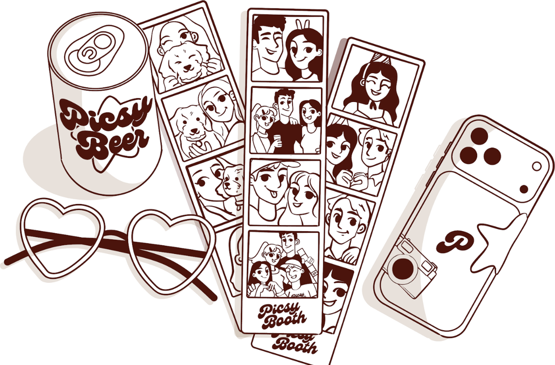 Line drawing of Picsy Booth photo strips beside a can, heart-shaped glasses and a phone